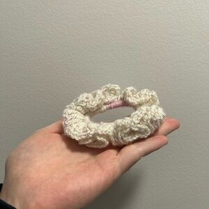 Elegant Cream and Pink Crochet Hair Scrunchie